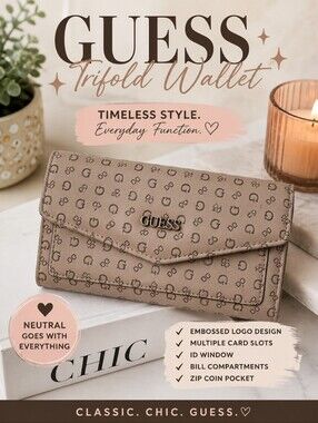 GUESS Nude Logo Embossed Trifold Wallet